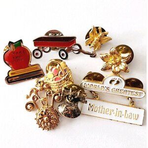 1970-90s Lot Of 8 Pins Pendant Vintage Gold Tone Enamel Mom Teacher Easter E8A